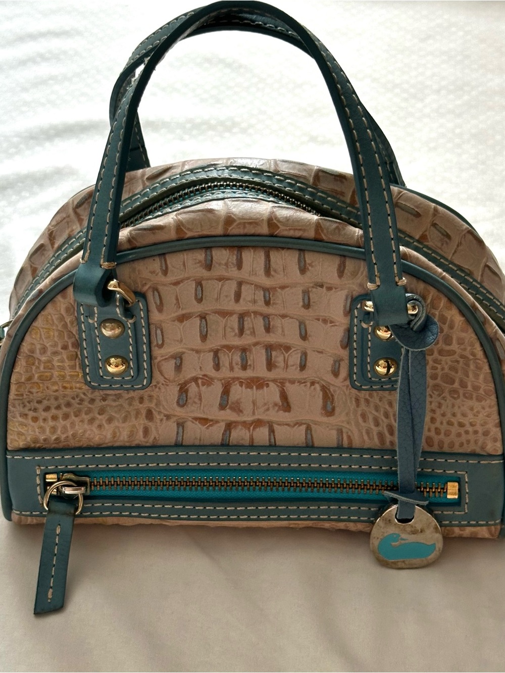 Dooney & Bourke Beige Croc-Embossed Mini Bowling Bag with Teal Trim